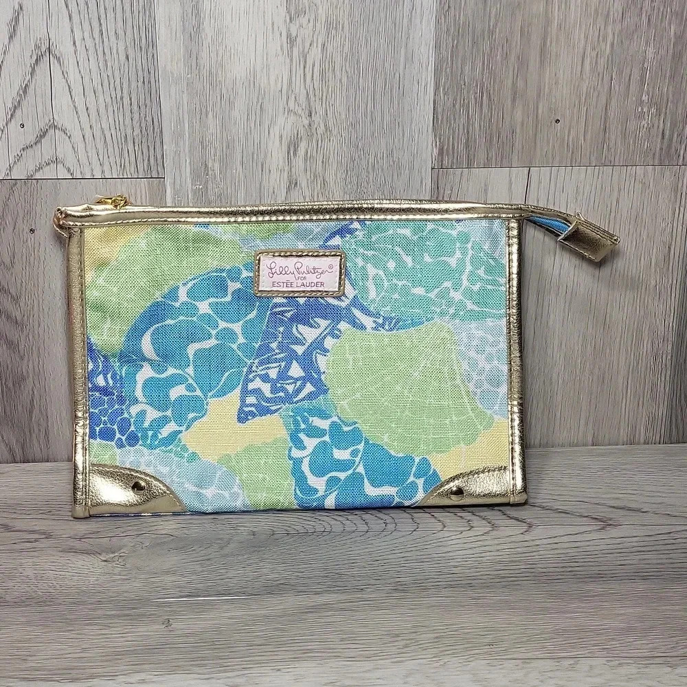 Lilly Pulitzer For Estee Lauder Green Blue Yellow Abstract Floral Zippered Pouch